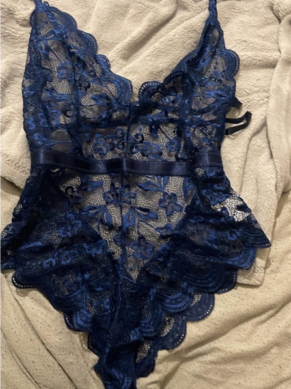 Sheer Lace Chemise Slip in Deep Blue